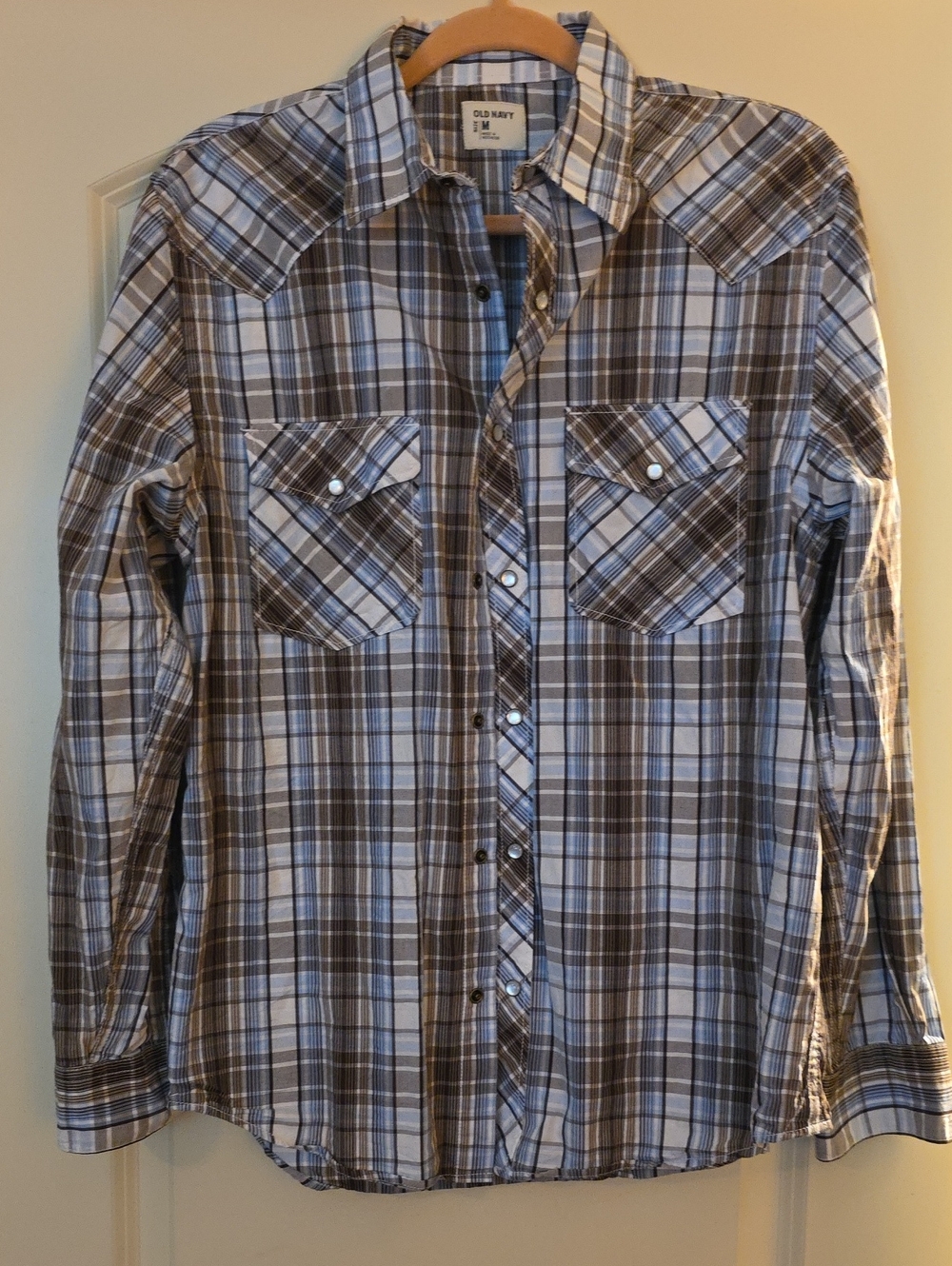Old Navy Men's Brown, White & Blue Plaid Button-Down Shirt